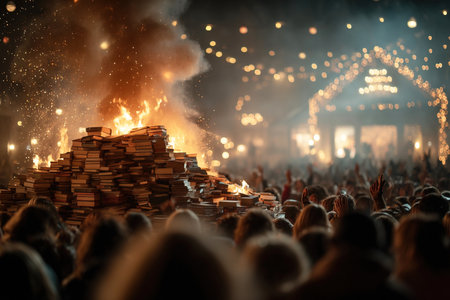 A large pile of books burns brightly illuminating a happy crowd. People wave their hands in celebration symbolizing a stand against hatred and ignorance under festive lights.の素材