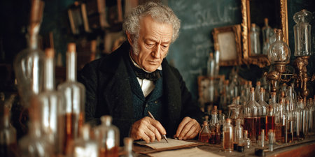 Alessandro Volta famed Italian physicist focused intently on his work in a laboratory filled with glass containers. He recorded observations on electricity and chemistry during the 18th century.の素材