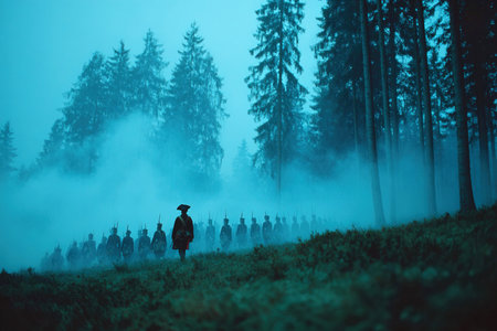 Prussian infantry march forward through a dense fog laden forest poised for a decisive attack. The atmosphere is tense embodying the historical conflict of the Battle of Hohenfriedberg.の素材