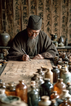 Tsai Lun is focused on creating paper and inscribing hieroglyphs in a traditional setting filled with jars and scrolls. The atmosphere reflects ancient Chinese craftsmanship and scholarship.の素材