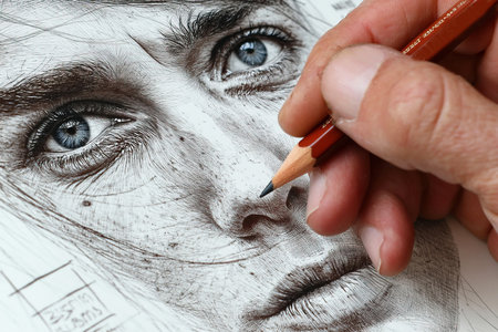 A street artist passionately sketches a detailed portrait of a girl with expressive eyes using colored pencils. The intricate work reflects the artist's talent and dedication to craft.の素材