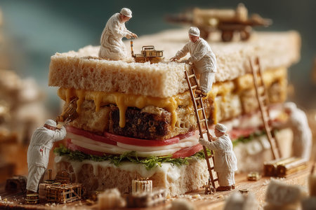 Miniature chefs skillfully assemble a gigantic sandwich filled with layers of cheese meats and fresh vegetables.の素材