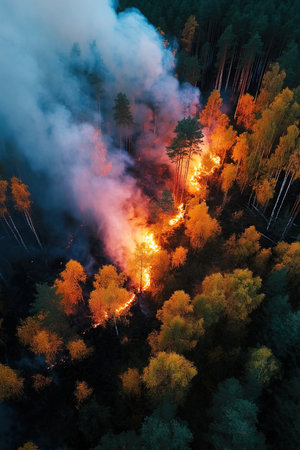 Aerial view captures a forest fire consuming trees and vegetation in a forested area during the day.の素材