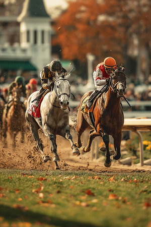 Two galloping horses compete fiercely on the racetrack with their jockeys encouraging them forward. The stands are filled with cheering spectators enjoying the thrilling race on a sunny day.の素材