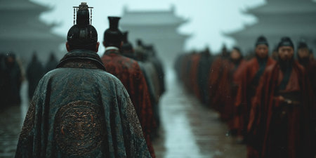 A group of scholars wearing traditional robes walks in a line during a foggy day. The ancient city is shrouded in mist, creating an atmospheric and mysterious ambiance as they proceed.の素材