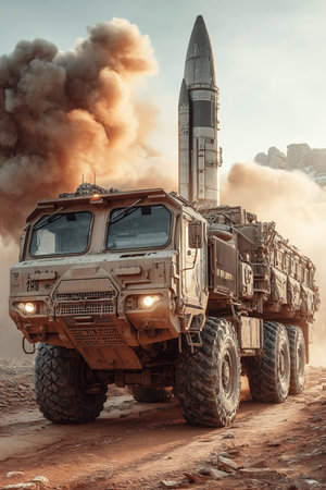 A powerful military tractor carries a continental nuclear missile through a dusty terrain. Smoke bills in the background suggesting an ongoing conflict or preparation for deployment.の素材