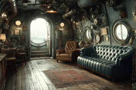 A beautifully crafted marine style interior showcases a comfortable leather sofa and armchair.の素材