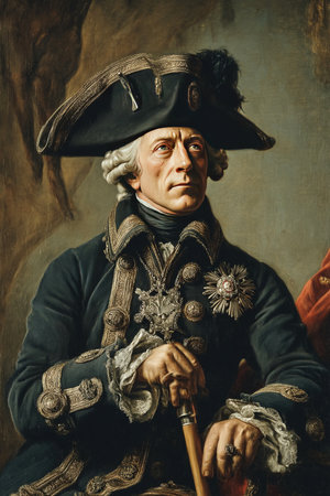 A noble figure, dressed in elaborate historical clothing adorned with medals, sits confidently. The background suggests an opulent setting typical of 18th-century European aristocracy.の素材