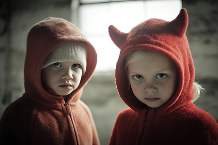 Two children a boy and a girl are dressed in red hooded costumes. The girl has devil horns while both have serious expressions in a dark atmospheric room with minimal light.の素材