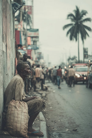 In an African city a beggar sits by the roadside surrounded by busy pedestrians and vehicles. Dirt and uneven pavement highlight the stark contrast of wealth and poverty in this urban setting.の素材