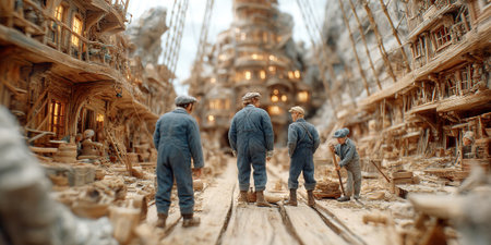 Miniature fairytale workers gather in Lilliput cooking and presenting delightful desserts beside Gulliver. This whimsical scene showcases a bustling environment filled with creativity and fantasy.の素材