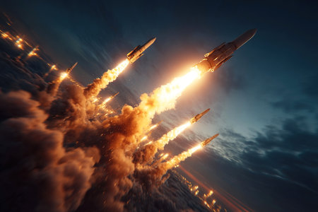 Close up of multiple military missiles launching into the sky leaving trails of fire and smoke.の素材