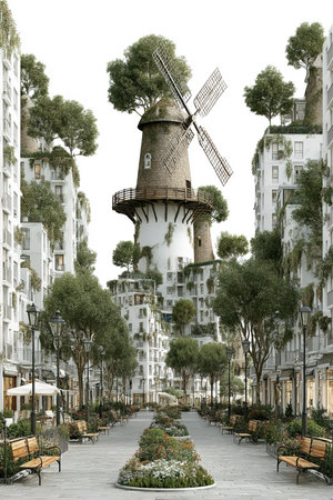Windmills tower over a bustling urban park filled with benches and flower beds. High rise buildings with tree covered roofs create a harmonious balance of nature and modern energy.の素材
