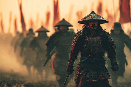In a dramatic military confrontation samurai warriors clad in ornate armor charge forward swords drawn.の素材