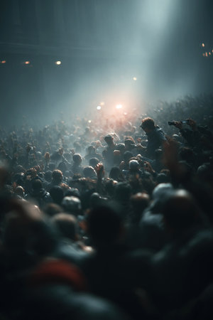 A large crowd gathers in an exhilarating environment eyes fixed on the stage while hands raise in excitement signaling collective energy and fervor for momentの素材