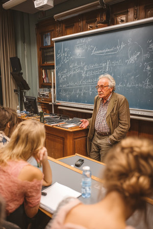 An elderly professor passionately lectures a group of attentive students in a classroom.の素材