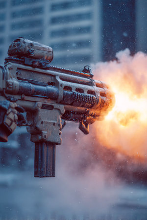 A grenade launcher discharges a round emitting flames and smoke in an urban environment. The weapon showcases advanced technology and precision targeting capabilities during the operation.の素材