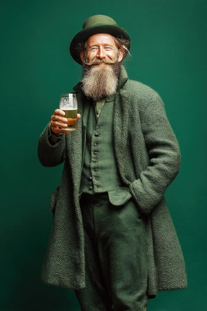 A man dressed in a green bowler hat and tunic joyfully holds a glass of beer. His beard adds to the festive appearance complementing the rich green background. The atmosphere radiates celebration.の素材