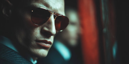 A dangerous looking bandit from the Russian mafia gazes intensely while wearing dark sunglasses.の素材
