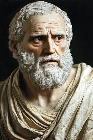 The intense expression of Sophocles an influential playwright from ancient Athens depicting his aged features and traditional drapery.の素材