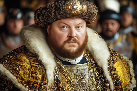 Henry VIII adorned in an elaborate royal outfit exudes power and majesty. The intricate details reflect the opulence of the Tudor court in England during the early 16th century.の素材