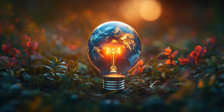A light bulb designed to resemble planet Earth glows against a blurred backdrop of lush nature. This unique lamp symbolizes ecological awareness and harmony with the environment.の素材