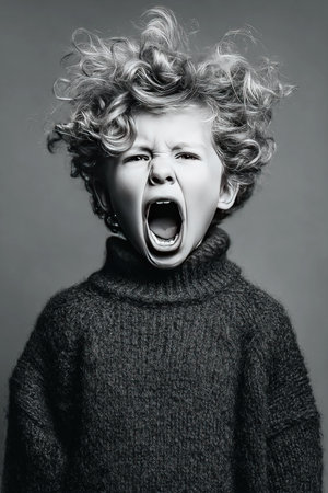 A child with curly hair screams in rage tears streaming down their face. The setting is neutral isolating the child's powerful expression of upset and aggression in this emotional moment.の素材