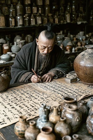 Cai Lun a prominent figure in ancient China is seen creating written records on a large sheet of paper. His workshop is filled with jars and pots illustrating a vibrant historical scene.の素材