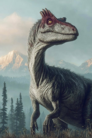 In a lush primeval environment a Cryolophosaurus displays its distinctive features against towering mountains and dense forests capturing the essence of prehistoric times.の素材