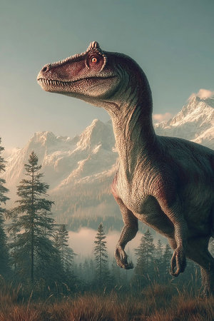 This striking creature known as Cryolophosaurus roams a lush ancient environment filled with towering forests and majestic mountains showing the beauty of the prehistoric world.の素材