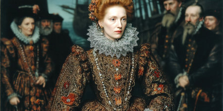 A woman stands prominently in ornate clothing, adorned with intricate patterns and a ruffled collar.の素材