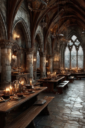 The medieval dining hall showcases grand stone walls and arched ceilings illuminated by flickering candles.の素材