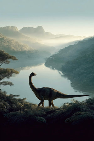 A Lesothosaurus walks through a lush landscape filled with trees and mountains. The serene lakes reflect the early morning light creating a peaceful prehistoric scene.の素材