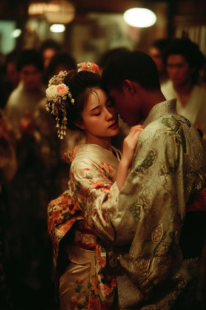 In a cozy Japanese room a young geisha gently dances in traditional attire while a man in a kimono watches closely. The ambiance is filled with a sense of tradition and elegance.の素材