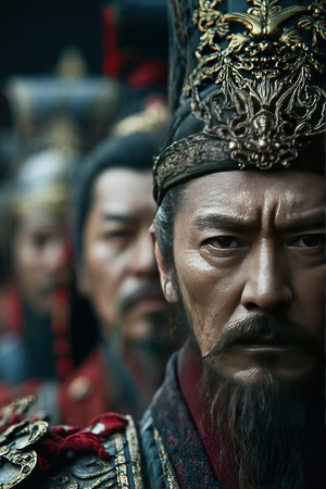 Qin Shi Huang the first emperor of China shows determination and strength amidst his soldiers.の素材