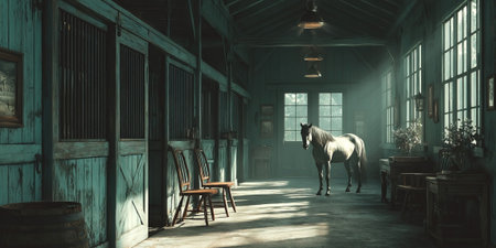 A bright tidy stable showcases a stallion standing gracefully in the background. Wooden stalls and sunlight streaming through windows create an inviting atmosphere.の素材