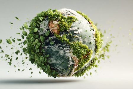 A detailed planet installation highlights Earth Day showing lush greenery and ecological designs.の素材