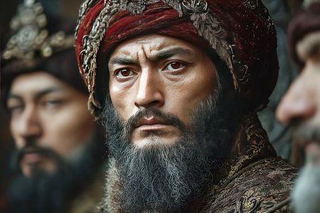 Characters engage in a tense moment reflecting the challenges and political intrigue during Marco Polo's travels.の素材