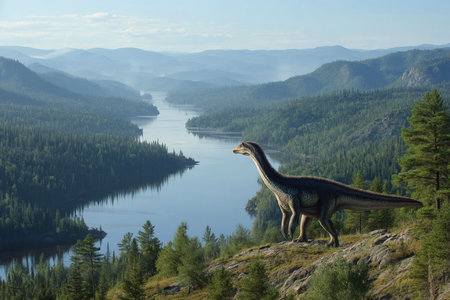 In a stunning primeval environment Nykwebasaurus stands on a rocky outcrop gazing over tranquil lakes surrounded by dense forests and majestic mountainsの素材