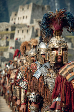 Soldiers clad in ornate armor stand in formation ready for battle against the powerful Inca. The backdrop features ancient stone structures highlighting the historical clash in the Andes.の素材