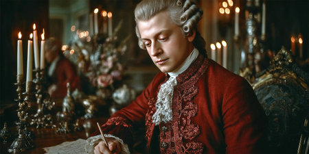 Wolfgang Amadeus Mozart is seen writing music at an ornate desk surrounded by candles and opulent decor. The rich colors and lighting evoke a historical atmosphere typical of the era.の素材