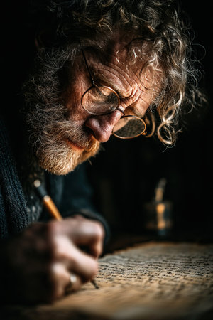 A focused writer sits at a wooden table in a library surrounded by books and a lamp. He carefully writes on parchment illuminated by soft light streaming through a nearby window.の素材