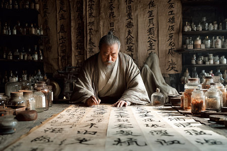 In a traditional workshop Tsai Lun focuses on crafting paper using ancient techniques. Surrounded by scrolls and jars he writes meticulously embodying creativity and innovation.の素材