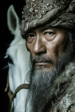 A fierce warrior adorned in intricate garments and a majestic headdress gazes intensely while standing next to a white horse.の素材