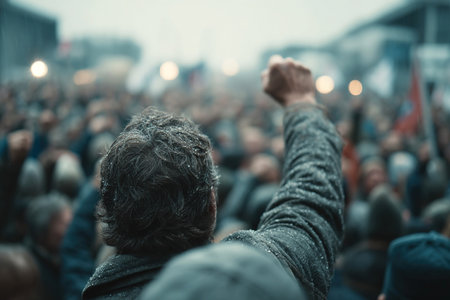 A large gathering of far right supporters displays aggression and unity as they raise their fists in protest.の素材