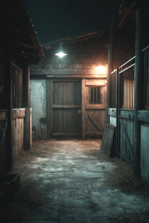 Within a stable at night dimly lit by warm light horse stalls line the wooden walls. Hay covers the floor while a rustic door adds character creating a peaceful atmosphere for the horses.の素材
