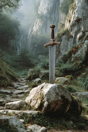 A majestic sword is firmly planted in a large rock on a rugged path through a misty forest. The scene is illuminated by soft morning light, revealing lush greenery and rocky cliffs.の素材