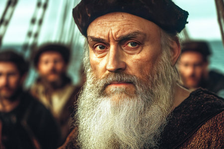 Vasco da Gama with a prominent gray beard commands the attention of his ship's crew. The wooden galleon sails towards Calicut evoking a sense of adventure and exploration in historical times.の素材