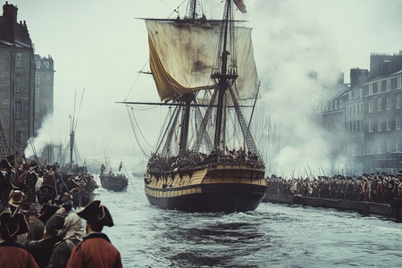 Participants dressed in period clothing gather at Boston harbor as carry ships tea. Smoke fills the air capturing the tension of the protest against British taxation in December 1773.の素材