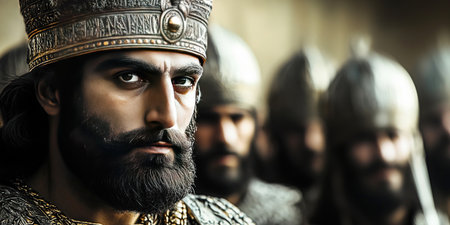 Cyrus II the Great King stands resolutely in the foreground adorned in regal attire with a commanding presence.の素材